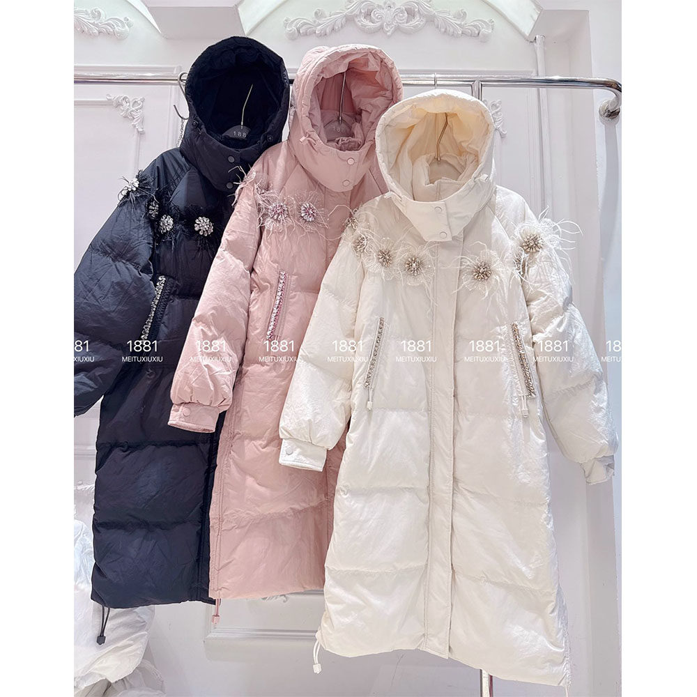 羽绒服女冬新款韩版甜美重工镶钻立体花朵连帽中长款加厚鸭绒外套