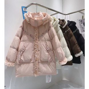 羽绒服女冬新款韩版甜美重工镶钻木耳边拼接加厚保暖白鸭绒外套潮
