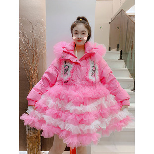 羽绒服女冬新款韩版甜美重工连帽云朵网纱拼接加厚保暖鸭绒外套潮