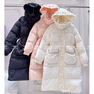 羽绒服女冬新款韩版甜美重工镶钻木耳边收腰显瘦中长款羽绒外套潮