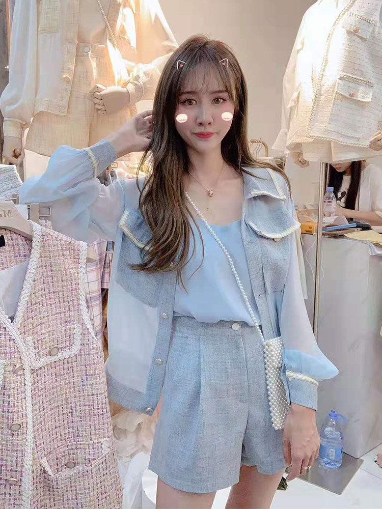 网红chic三件套女名媛小香风薄款外套上衣高腰显瘦阔腿短裤配吊带