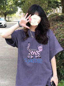 T0243-P25 100%纯棉 气质紫色短袖t恤女 趣味卡通印花圆领短袖图片