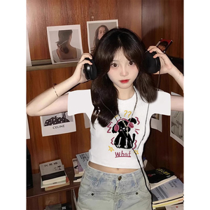 T0066-P35 短款修身短袖T恤女夏 爱音乐的狗狗纯棉印花T图片