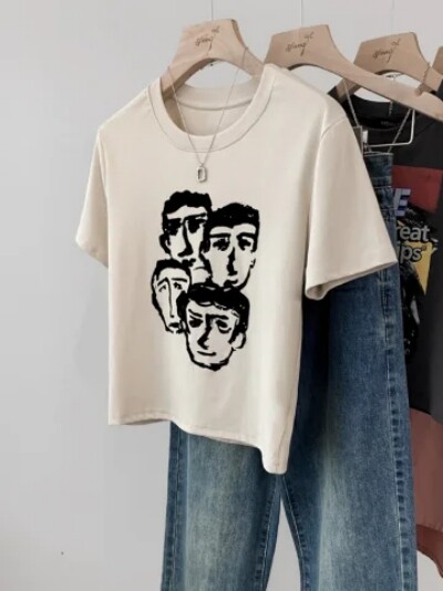 T0366-P30 潮流简约手绘人像纯棉 短款T恤女短袖图片