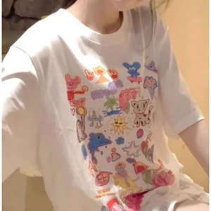 T0135-P25 可爱童趣涂鸦印花T 抖音 春夏新款纯棉短袖T恤女图片