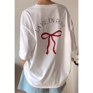 T0307-P25夏季慵懒纯棉蝴蝶结印花设计感小众宽松大码短袖T…
