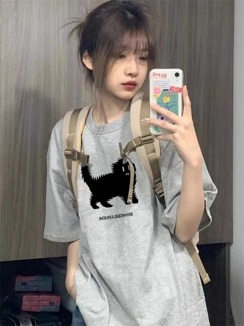 T0327-P25 爱宠人士猫猫印花圆领短袖T恤 春夏季新款上衣图片