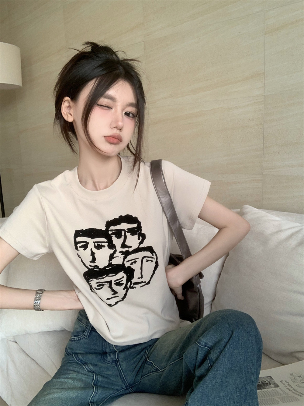 T0366-P30美式复古人像印花短款套头正肩显瘦百搭针织短袖T恤,女装T恤,星座617A-2