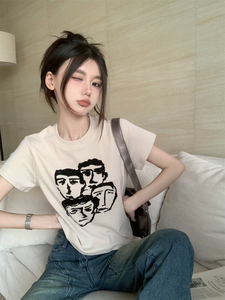 T0366-P30美式复古人像印花短款套头正肩显瘦百搭针织短袖T恤