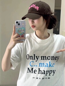 T0932-P25 2025夏季彩色简约字母T恤女白色高街纯棉半袖上衣图片