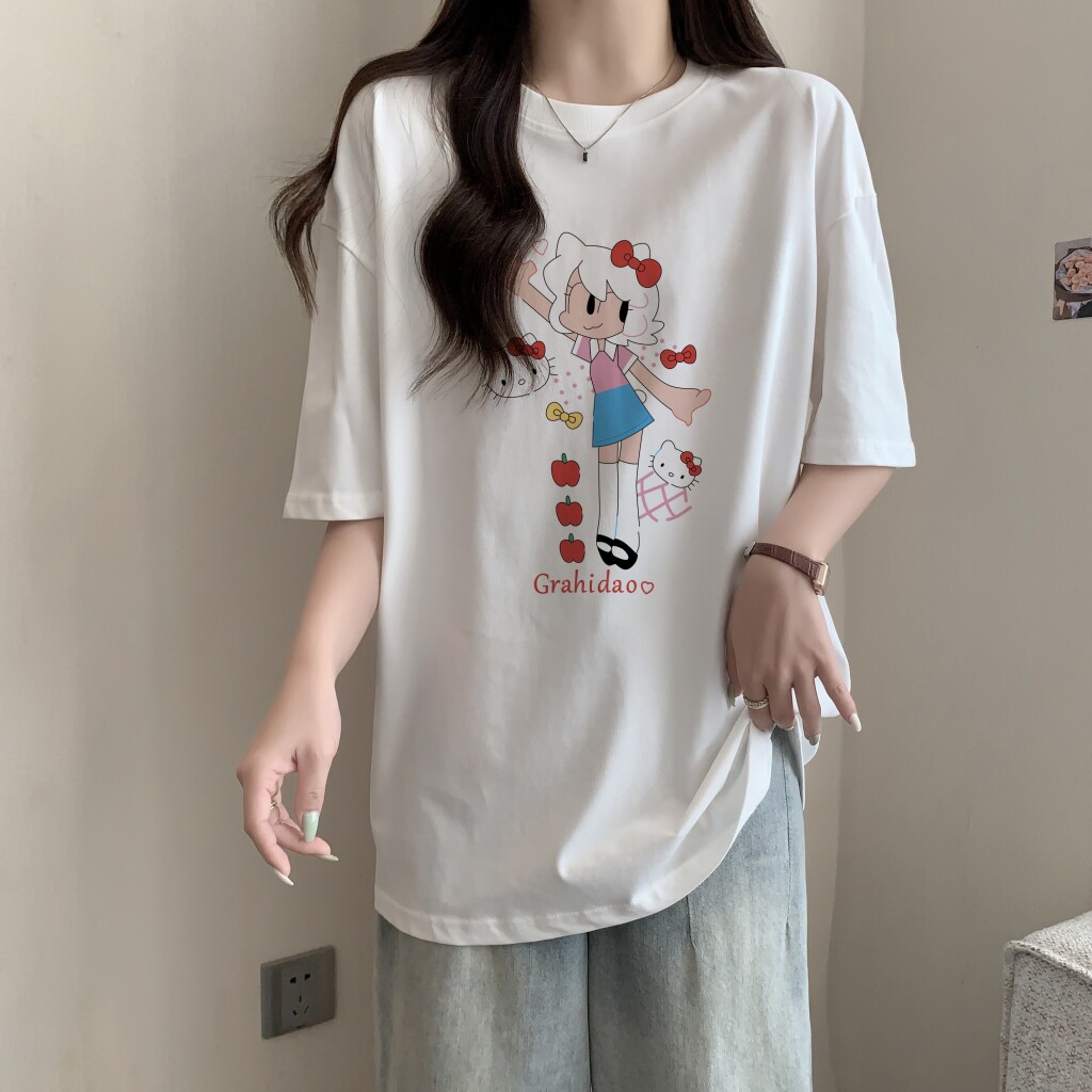 T0374-P30甜妹Kitty猫公主印花夏装短袖T恤女100%棉纯棉宽松韩版,女装T恤,星座617A-2