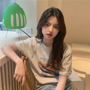 T0254-P25 2025春夏新款纯棉印花短袖t恤女宽松韩版大码上衣图片