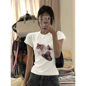 T00970-P35 灵动蝴蝶绝美印花纯棉T  春夏正肩短袖T恤女图片