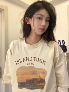 T0325-P25 杏色学生短袖t恤女温柔风夏季印花韩版宽松上衣图片