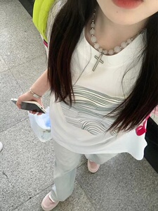 T0171-P25 简约线条设计纯棉前印花短袖t恤  男女款宽松版图片