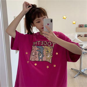 T0337-P352025新款重工恐龙短袖T恤女宽松大码多巴胺穿搭上衣