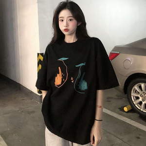 T0252-P25新款简约写意艺术印花纯棉短袖T恤女2025年夏宽松上衣