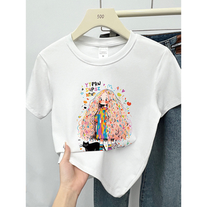 T0077-P35 24春夏正肩短袖T恤潮 辣妹短款趣味卡通印花T图片