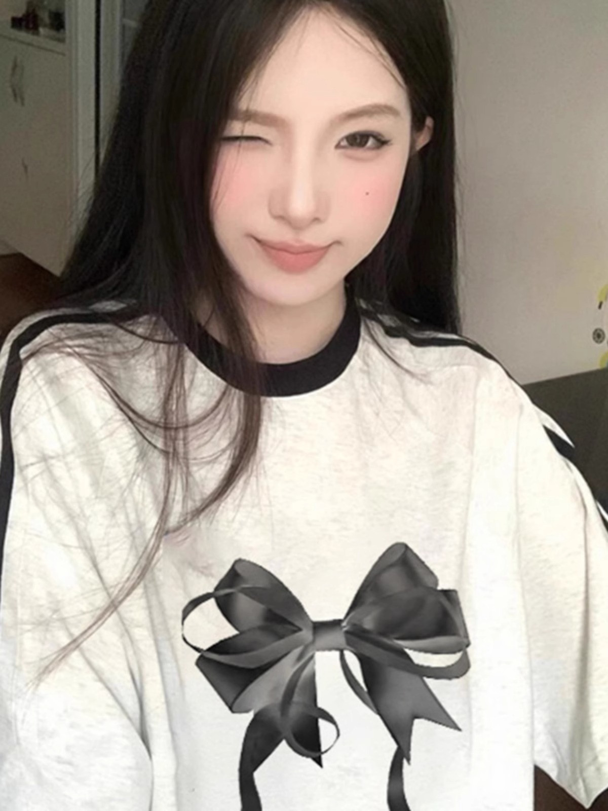 T0985-P25抖音三杠条纹纯棉T恤简约蝴蝶结印花T,女装T恤,星座617A-2