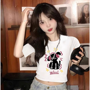 T0066-P35 短款修身短袖T恤女夏 爱音乐的狗狗纯棉印花T图片
