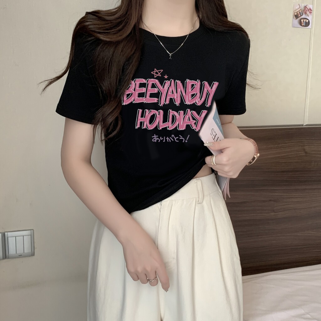 T0019-P35美式复古粉红字母印花纯棉T甜妹短款短袖T恤女修身,女装T恤,星座617A-2