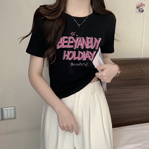 T0019-P35 美式复古粉红字母 印花纯棉T 甜妹短款短袖T恤女修身图片