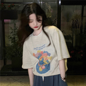 T0254-P25 2025春夏新款纯棉印花短袖t恤女宽松韩版大码上衣图片