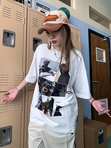 T0964-P25 美式复古帅气杜宾犬九宫格印花纯棉T 夏装短袖T恤女图片
