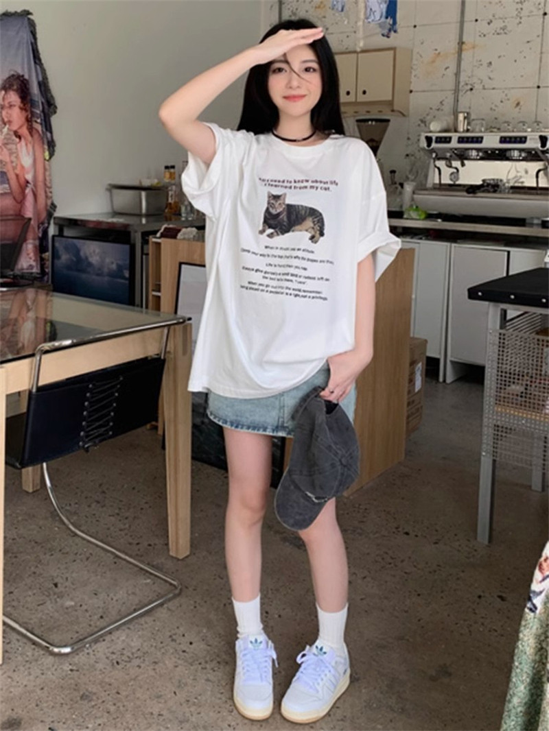 T0331-P25 2025夏季新款慵懒风卡通猫咪印花短袖T恤潮图片