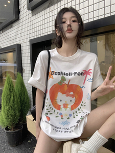 T0259-P25 可爱减龄 大码设计感可爱小猫白色纯棉T恤短袖上衣图片