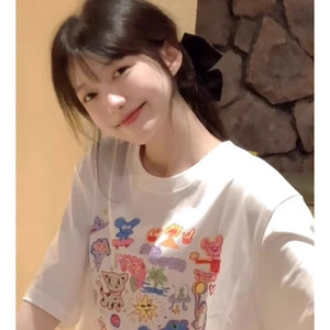 T0135-P25 可爱童趣涂鸦印花T 抖音 春夏新款纯棉短袖T恤女图片