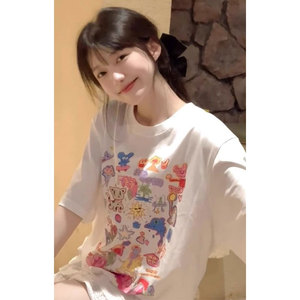 T0135-P25 可爱童趣涂鸦印花T 抖音 春夏新款纯棉短袖T恤女图片