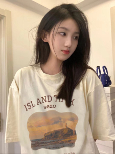 T0325-P25 杏色学生短袖t恤女温柔风夏季印花韩版宽松上衣图片