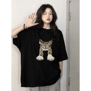T0272-P25 24春夏抖音 趣味猫咪印花 新款纯棉短袖T恤潮图片