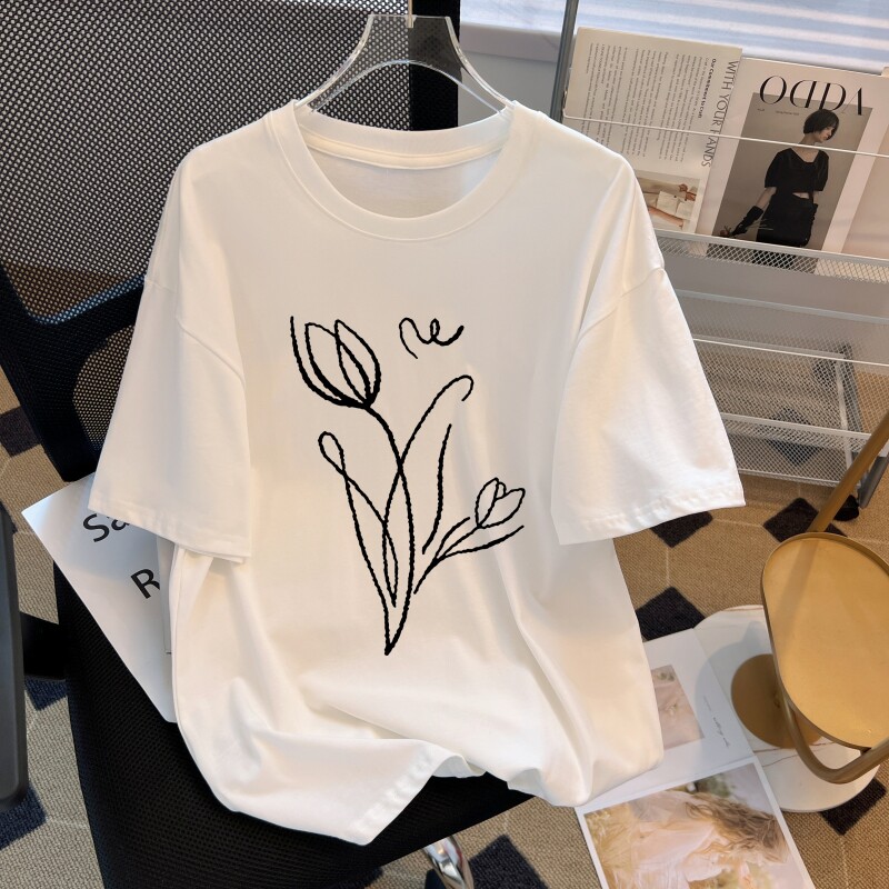 T0386-P30夏日简约手绘郁金香印花纯棉短袖T恤女宽松韩版,女装T恤,星座617A-2