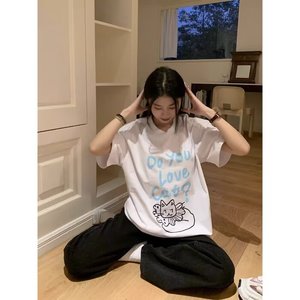 T0922-P25 慵懒风卡通猫咪印花短袖T恤图片