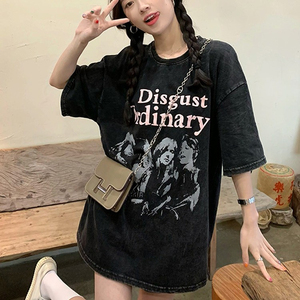 T120-P25 原宿风美式复古乐队 黑色纯棉短袖t恤女ins潮上衣图片