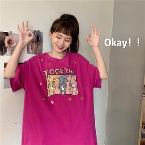 T0337-P35 2025新款重工恐龙短袖T恤女宽松大码 多巴胺穿搭上衣图片
