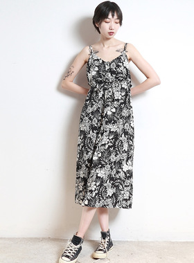 DTWO原创女装2018夏季新款欧美印花沙滩吊带雪纺连衣裙1389