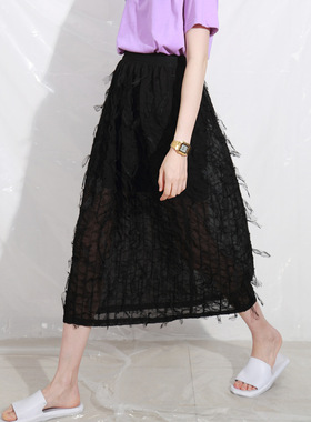 DTWO原创女装2018夏季绣立体蕾丝花流苏高订松紧腰雪纺半身裙3721