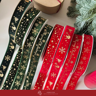 礼品花艺圣诞树装 圣诞2.5cm烫金绒带 饰蝴蝶结丝带布带 欢喜物