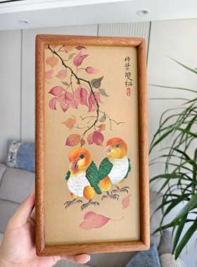 纯手绘中式国风高级感装饰丹叶双栖鹦鹉画
