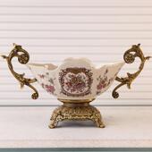 高脚双耳大果盘 欧式 美式 饰合金陶瓷水果盘 新婚乔迁摆件 别墅装