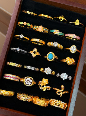 小红书爆款复古风彩色滴油拉丝花朵戒指女小众设计高级感戒子指环