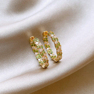 秋冬绿色满钻素圈耳扣女简约轻奢高级感耳方圆脸环气质精致耳饰品