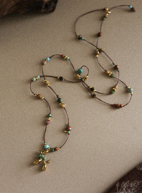 时尚百搭彩色天然石小狗编织项链女串珠珠子轻奢小众高级感毛衣链