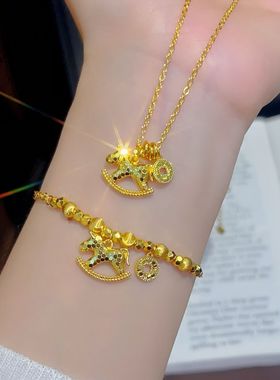 沙金爆闪碎冰冰马上有钱金色木马项链小马铜钱手链叠戴高级锁骨链