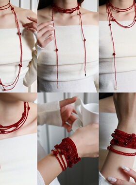 新年复古时尚精致红色琉璃缠绕玫瑰毛衣链轻奢高级感叠戴长项链女