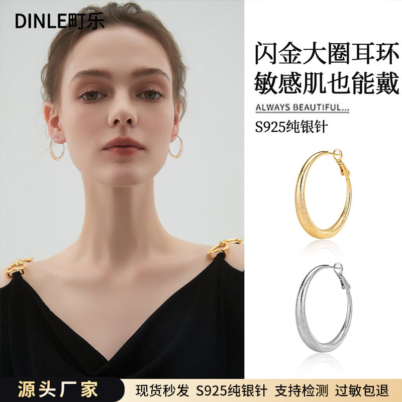 新款S925纯银针闪金大圈耳环轻奢高级感耳圈夸张设计感通勤风耳饰