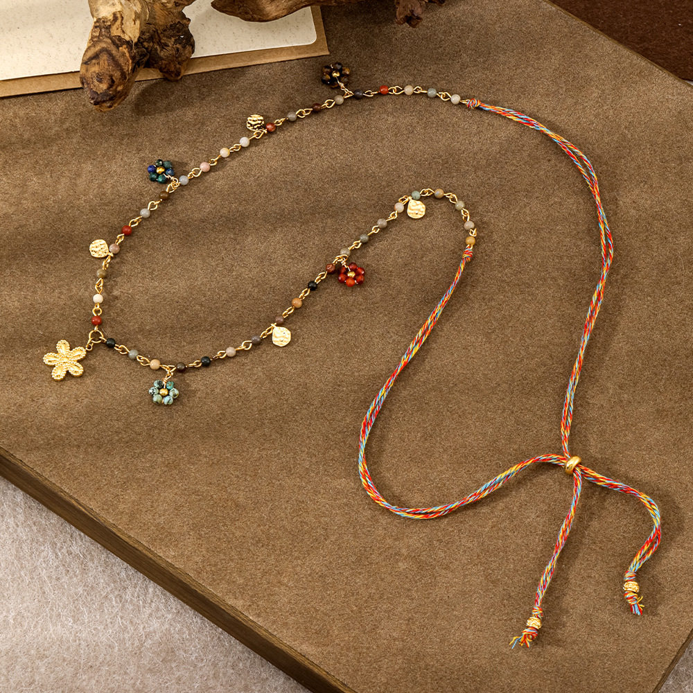 繁华民族风天然石长款项链 手工彩绳高级感波西米亚可调节毛衣链